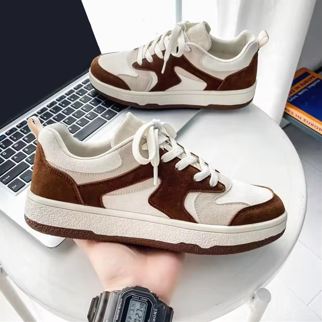 brown white casual sneakers